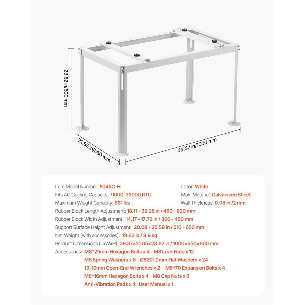 VEVOR Mini Split Ground Stand, Adjustable Anti-Vibration Mini Split Stand for 9000-36000 BTU Ductless Air Conditioner Heat Pump, Heavy Duty AC Base Bracket Floor Mount w/ 300kg Max. Load Capacity