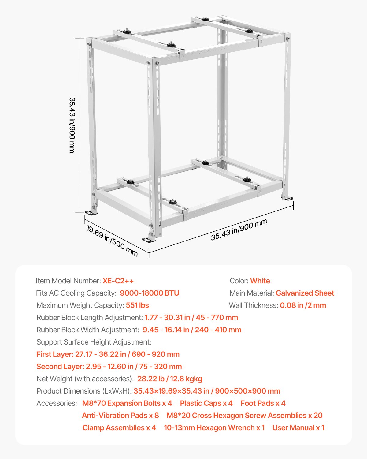 VEVOR Mini Split Ground Stand, Anti-Vibration Mini Split Stand for 9000-18000 BTU Ductless Air Conditioner Heat Pump, Heavy Duty AC Base Bracket Floor Mount w/ 250kg Max. Load,Dual Levels