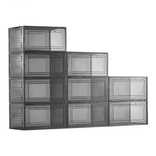 VEVOR Shoe Storage Boxes, 9 Pack Clear Stackable Shoe Boxes Storage Organizers with Magnetic Door, Fit up to US Size 13, Plastic Sneaker Containers for High Heels, Boots, and Hats, Transparent Black