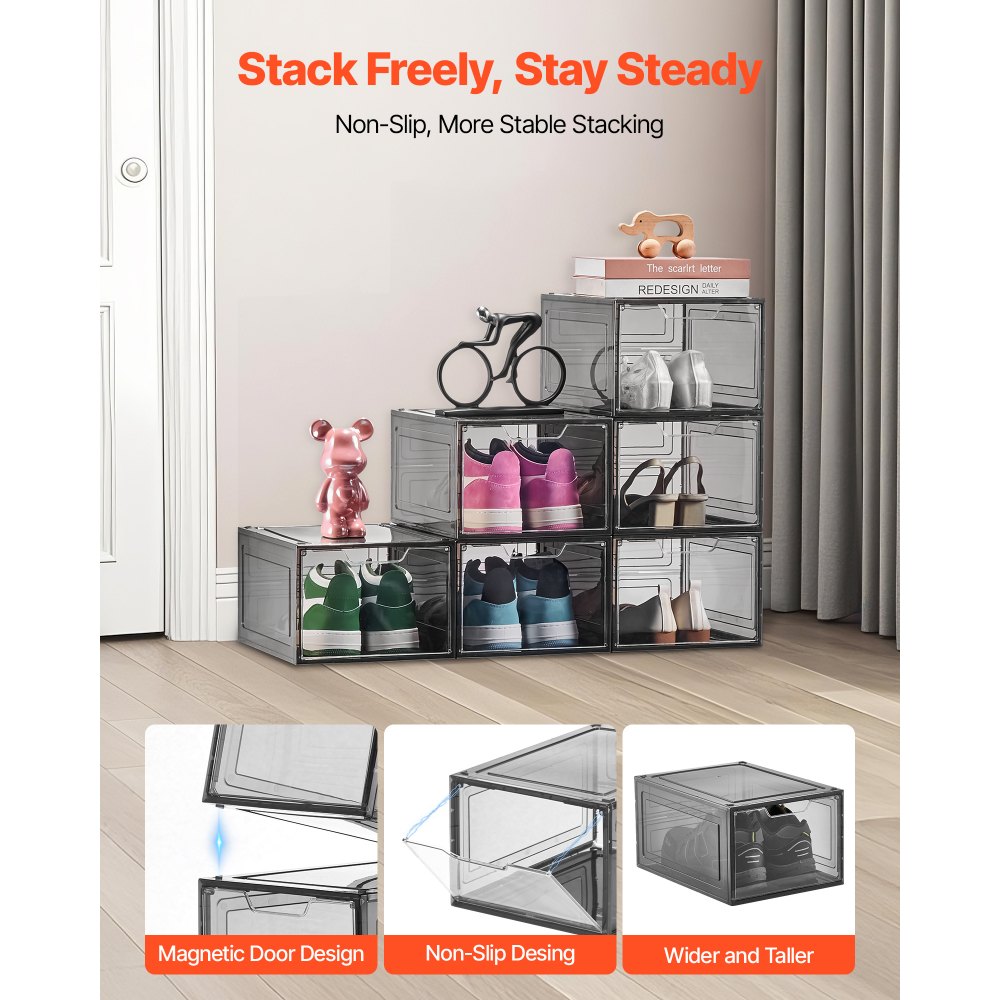 VEVOR Shoe Storage Boxes, 6 Pack Clear Stackable Shoe Boxes Storage Organizers with Magnetic Door, Fit up to US Size 13, Plastic Sneaker Containers for High Heels, Boots, and Hats, Transparent Black