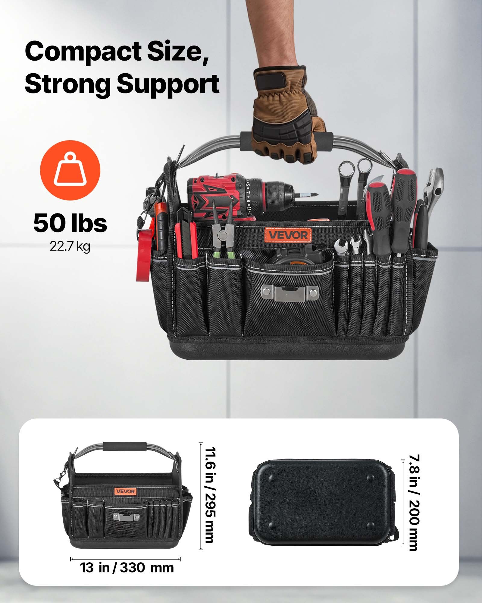 VEVOR Tool Bag, 330 MM, 33-Pocket Open Top Tool Tote, Portable Electrical Maintenance Toolbox Organizer Storage with Hard Plastic Base, Adjustable Shoulder Strap, for Professionals DIY & Jobsite Use