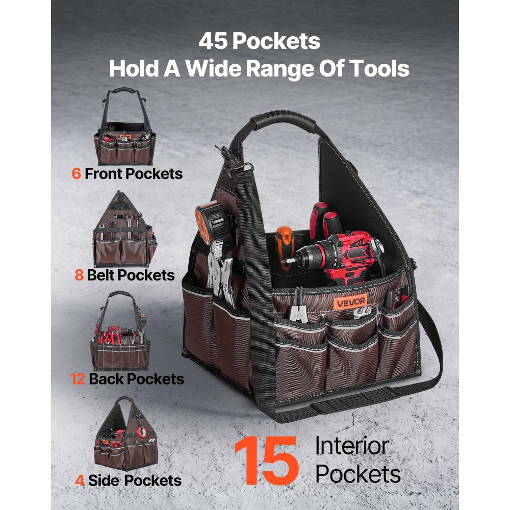 VEVOR Tool Bag, 13 Inch, 45-Pocket Open Top Tool Tote, Electrical Maintenance Toolbox Organizer Storage with Handle, Adjustable Shoulder Strap, Portable Toolbag, for Professionals DIY & Jobsite Use