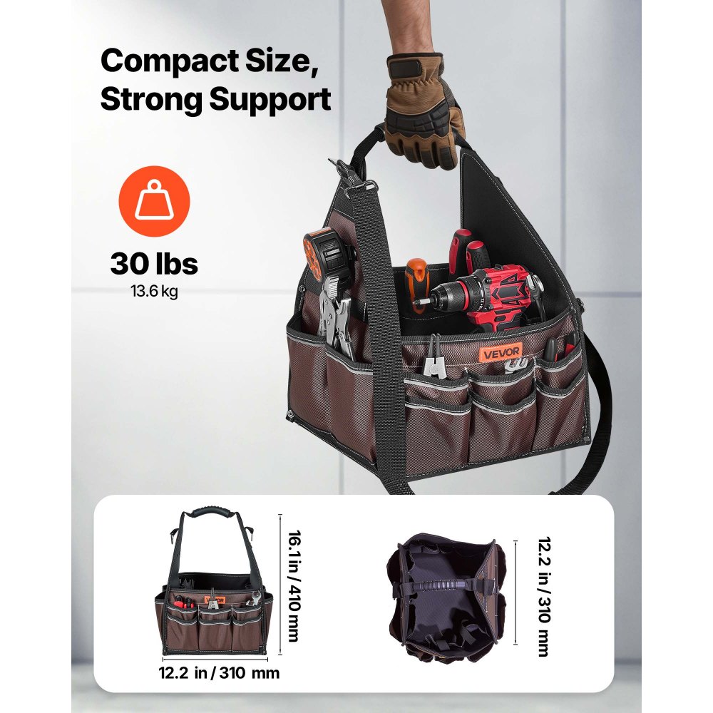 VEVOR Tool Bag, 13 Inch, 45-Pocket Open Top Tool Tote, Electrical Maintenance Toolbox Organizer Storage with Handle, Adjustable Shoulder Strap, Portable Toolbag, for Professionals DIY & Jobsite Use