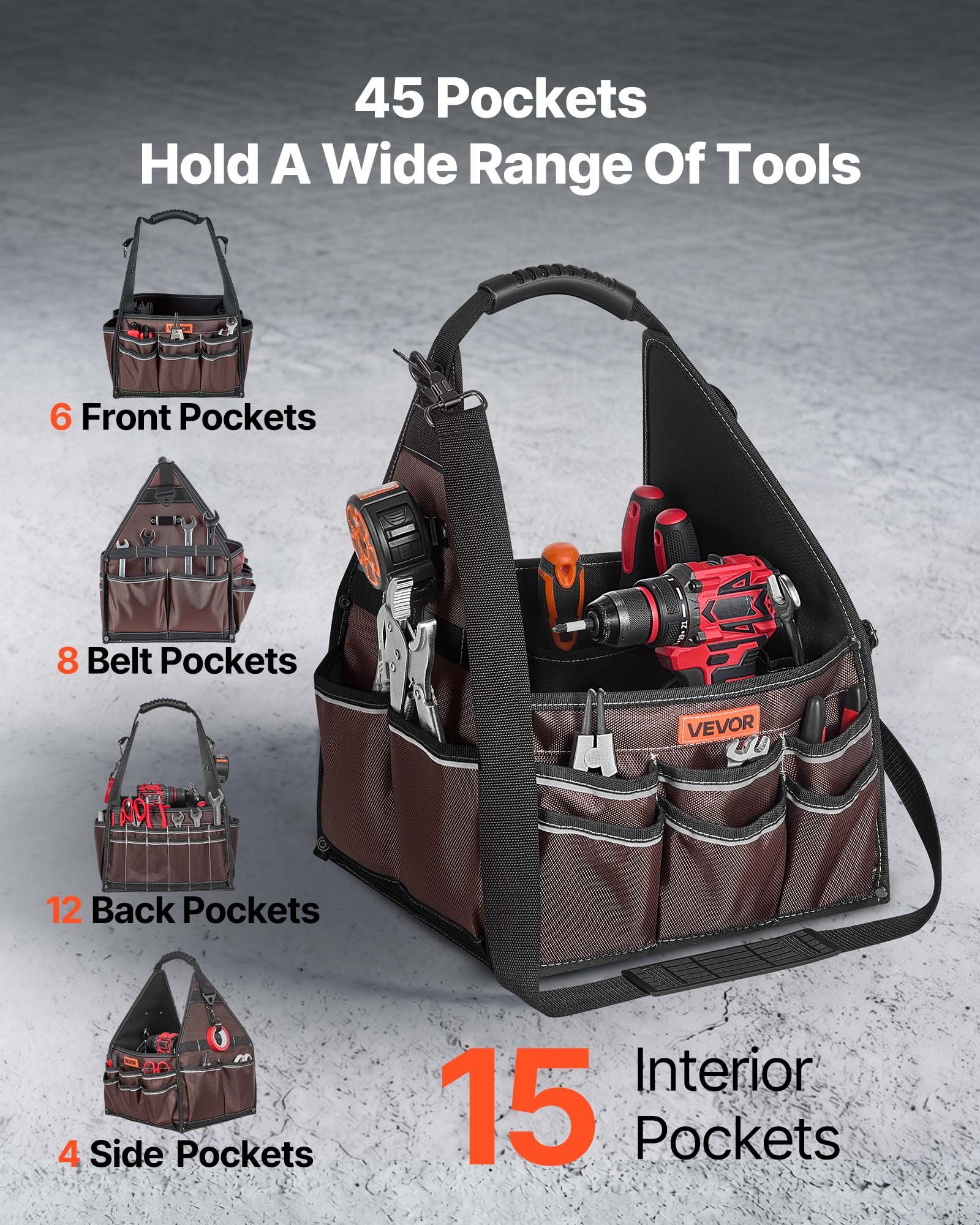 VEVOR Tool Bag, 13 Inch, 45-Pocket Open Top Tool Tote, Electrical Maintenance Toolbox Organizer Storage with Handle, Adjustable Shoulder Strap, Portable Toolbag, for Professionals DIY & Jobsite Use