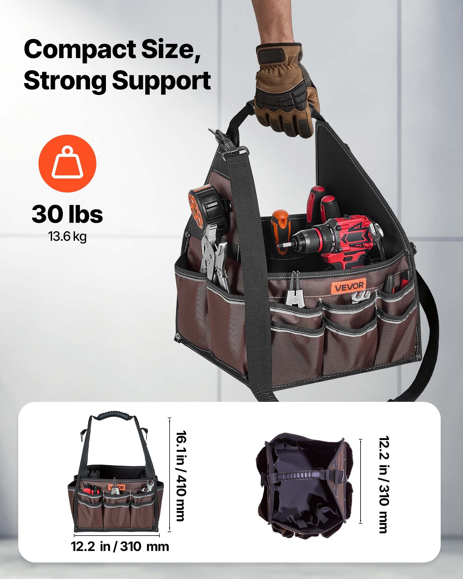 VEVOR Tool Bag, 13 Inch, 45-Pocket Open Top Tool Tote, Electrical Maintenance Toolbox Organizer Storage with Handle, Adjustable Shoulder Strap, Portable Toolbag, for Professionals DIY & Jobsite Use
