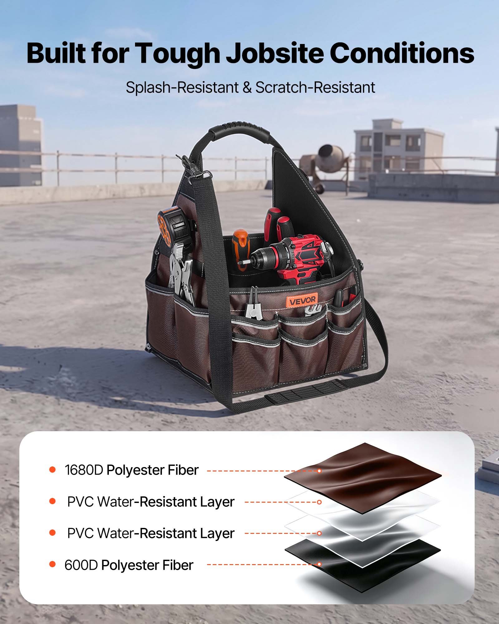 VEVOR Tool Bag, 13 Inch, 45-Pocket Open Top Tool Tote, Electrical Maintenance Toolbox Organizer Storage with Handle, Adjustable Shoulder Strap, Portable Toolbag, for Professionals DIY & Jobsite Use
