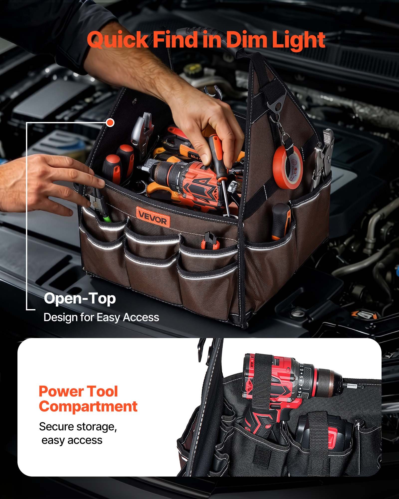 VEVOR Tool Bag, 13 Inch, 45-Pocket Open Top Tool Tote, Electrical Maintenance Toolbox Organizer Storage with Handle, Adjustable Shoulder Strap, Portable Toolbag, for Professionals DIY & Jobsite Use
