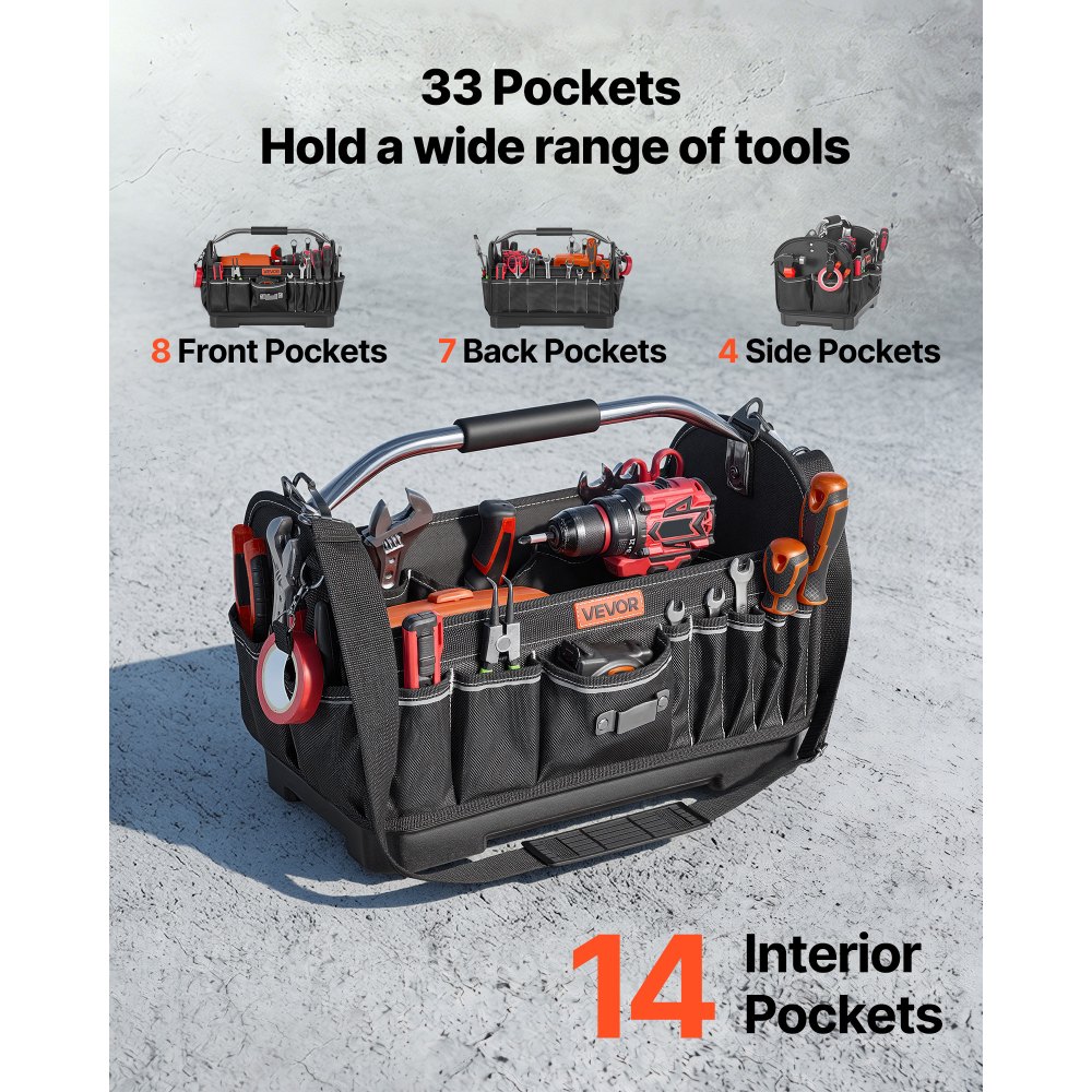VEVOR Tool Bag, 410 MM, 33-Pocket Open Top Tool Tote, Portable Electrical Maintenance Toolbox Organizer Storage with Hard Plastic Base, Adjustable Shoulder Strap, for Professionals DIY & Jobsite