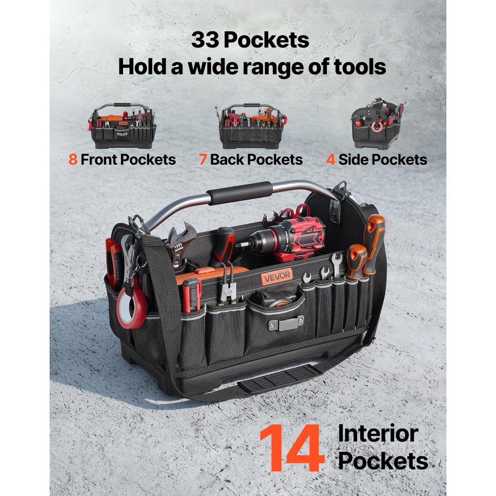 VEVOR Tool Bag, 16.1 Inch, 33-Pocket Open Top Tool Tote, Portable Electrical Maintenance Toolbox Organizer Storage with Hard Plastic Base, Adjustable Shoulder Strap, for Professionals DIY & Jobsite