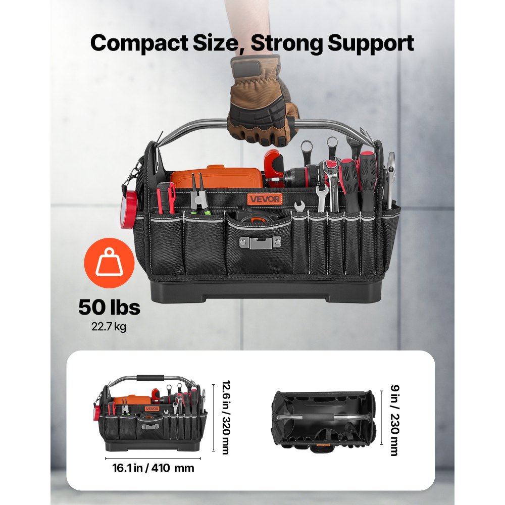 VEVOR Tool Bag, 16.1 Inch, 33-Pocket Open Top Tool Tote, Portable Electrical Maintenance Toolbox Organizer Storage with Hard Plastic Base, Adjustable Shoulder Strap, for Professionals DIY & Jobsite
