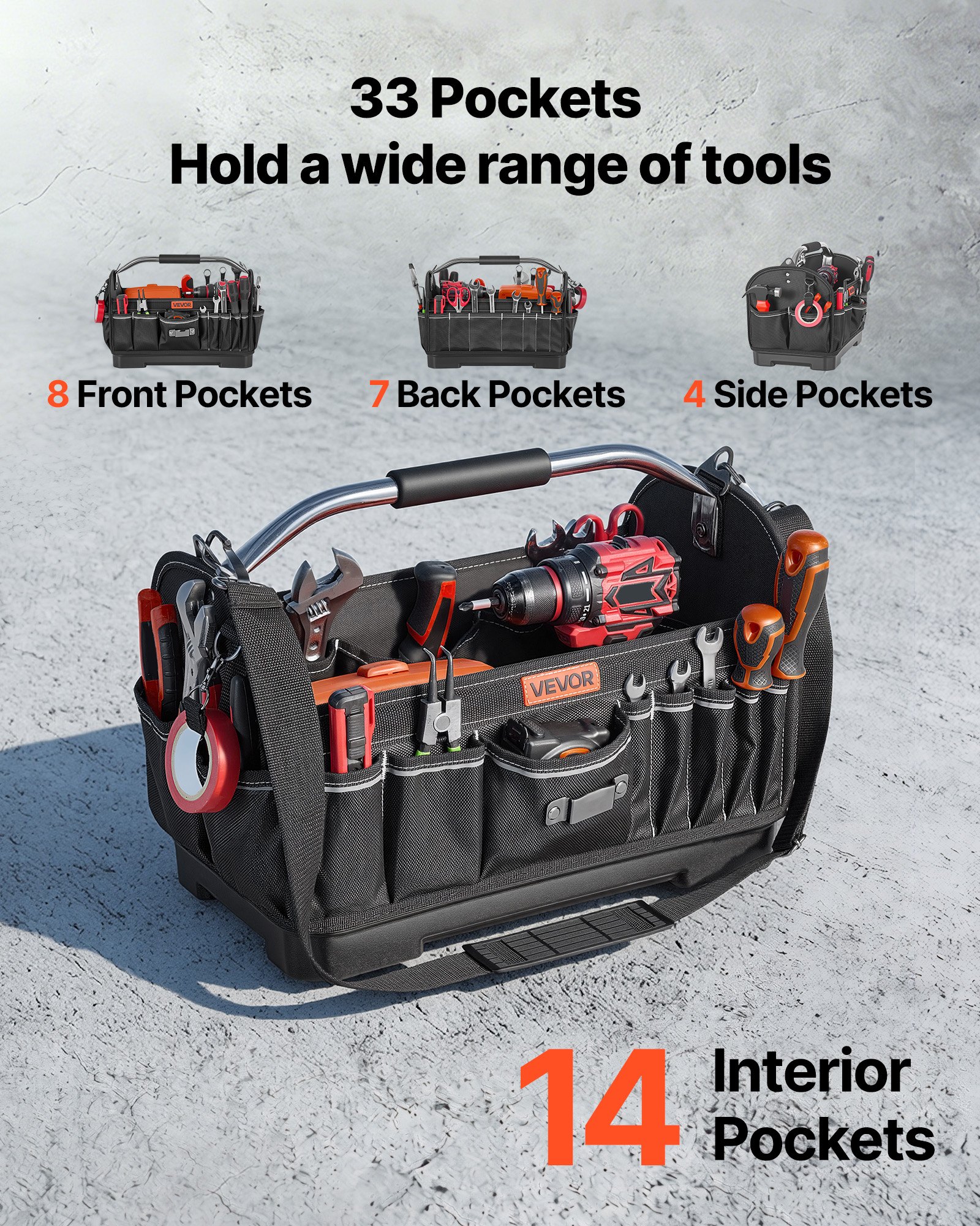 VEVOR Tool Bag, 410 MM, 33-Pocket Open Top Tool Tote, Portable Electrical Maintenance Toolbox Organizer Storage with Hard Plastic Base, Adjustable Shoulder Strap, for Professionals DIY & Jobsite