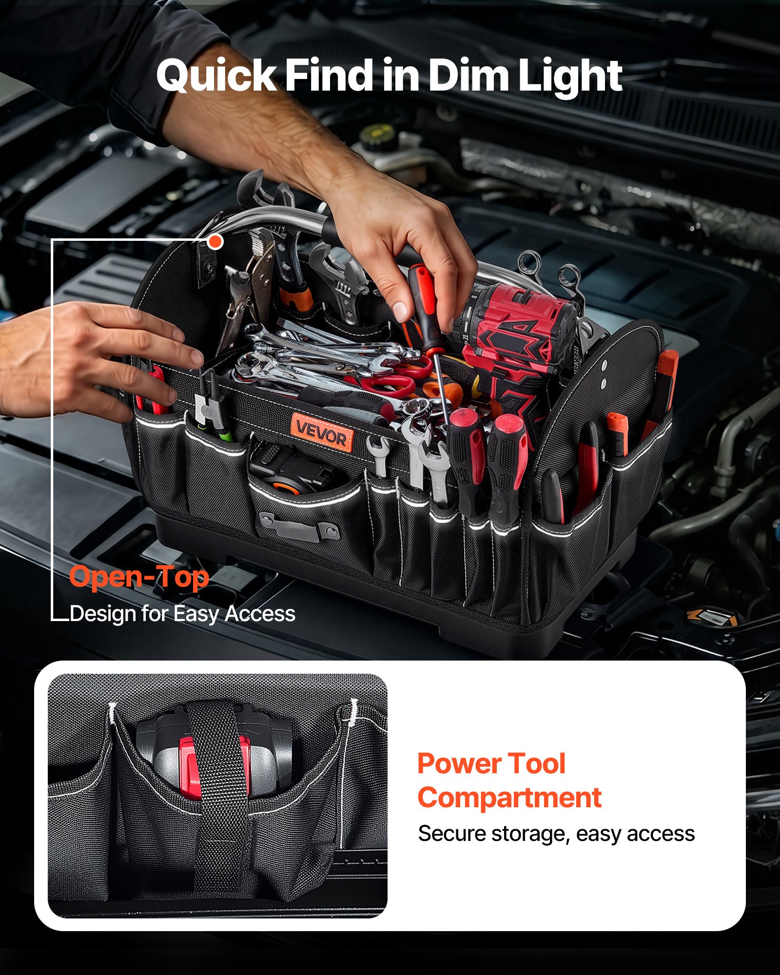 VEVOR Tool Bag, 410 MM, 33-Pocket Open Top Tool Tote, Portable Electrical Maintenance Toolbox Organizer Storage with Hard Plastic Base, Adjustable Shoulder Strap, for Professionals DIY & Jobsite