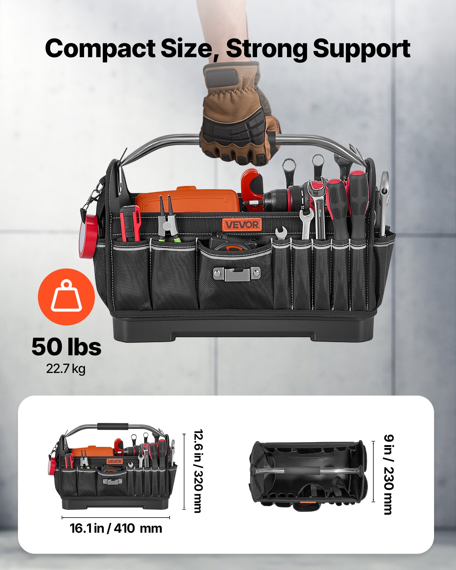 VEVOR Tool Bag, 16.1 Inch, 33-Pocket Open Top Tool Tote, Portable Electrical Maintenance Toolbox Organizer Storage with Hard Plastic Base, Adjustable Shoulder Strap, for Professionals DIY & Jobsite