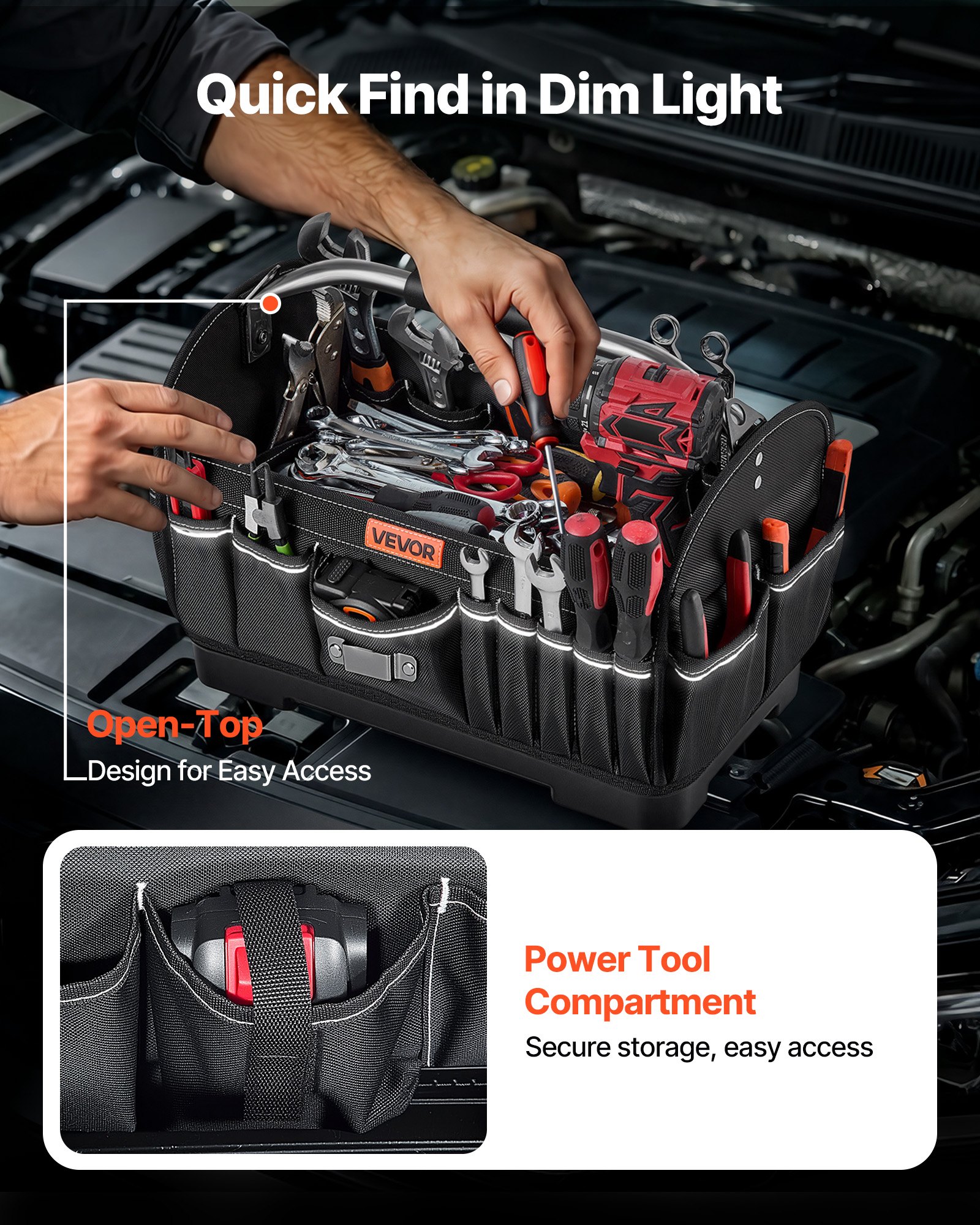 VEVOR Tool Bag, 16.1 Inch, 33-Pocket Open Top Tool Tote, Portable Electrical Maintenance Toolbox Organizer Storage with Hard Plastic Base, Adjustable Shoulder Strap, for Professionals DIY & Jobsite