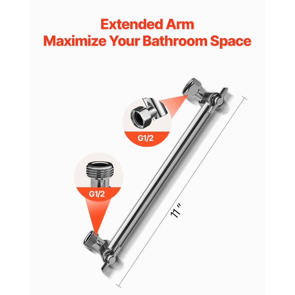 VEVOR Shower Head Extension Arm, 11 Inches, Brass Shower Arm Extender with Flexible Adjustable Angle Height, Chrome Finish, G1/2 Universal Thread Connector Compatible, for Rain & Handheld Showerhead