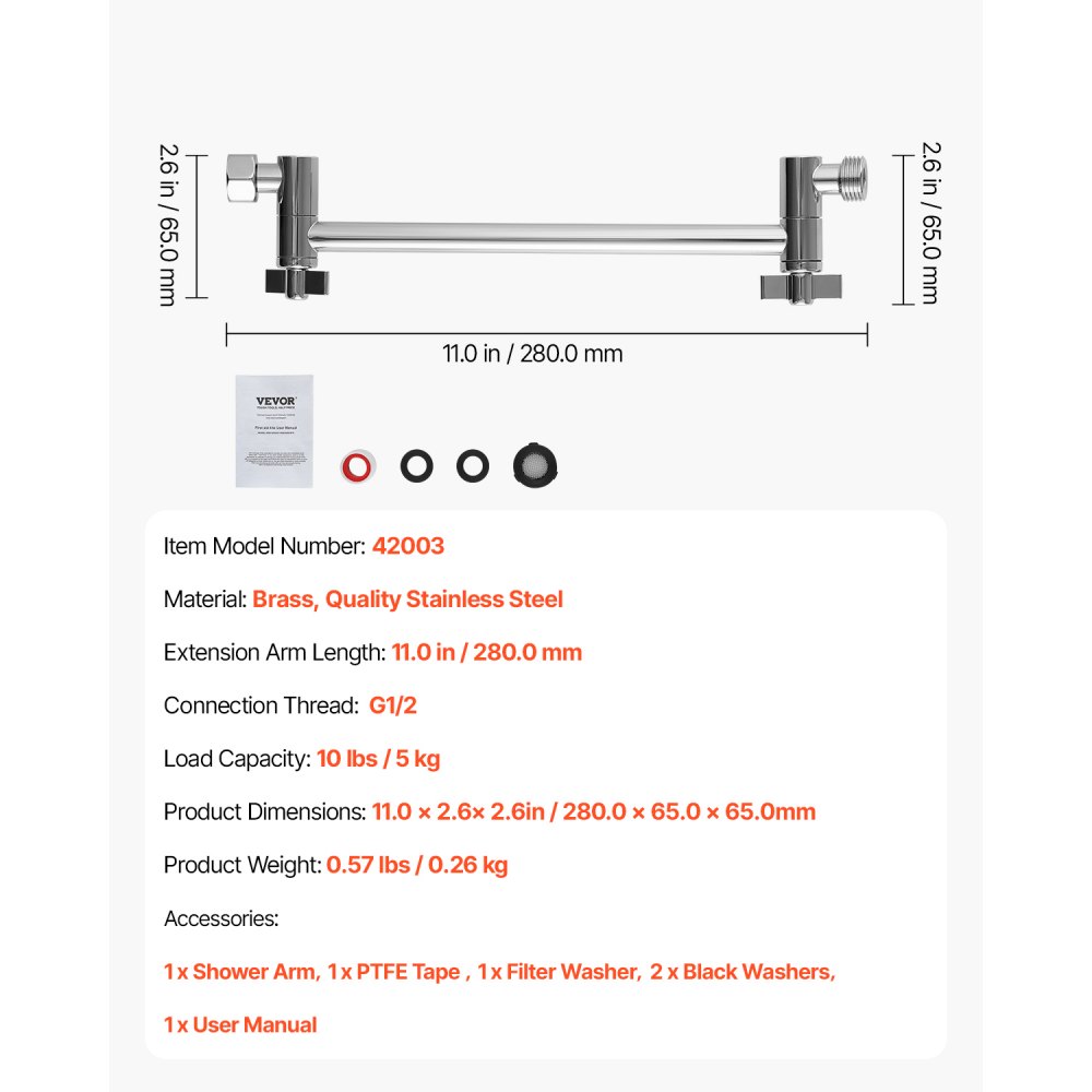 VEVOR Shower Head Extension Arm, 11 Inches, Brass Shower Arm Extender with Flexible Adjustable Angle Height, Chrome Finish, G1/2 Universal Thread Connector Compatible, for Rain & Handheld Showerhead
