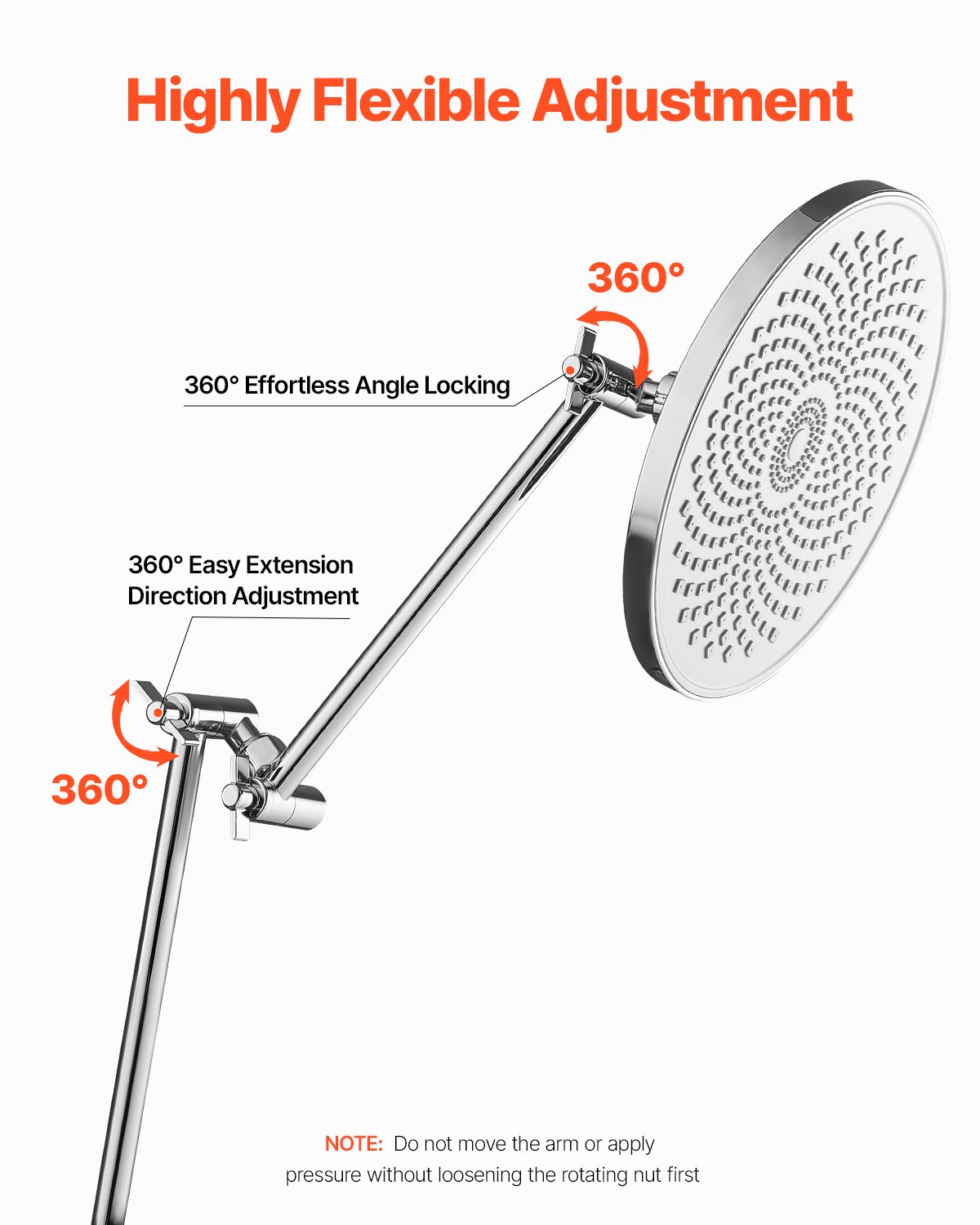 VEVOR Shower Head Extension Arm, 11 Inches, Brass Shower Arm Extender with Flexible Adjustable Angle Height, Chrome Finish, G1/2 Universal Thread Connector Compatible, for Rain & Handheld Showerhead
