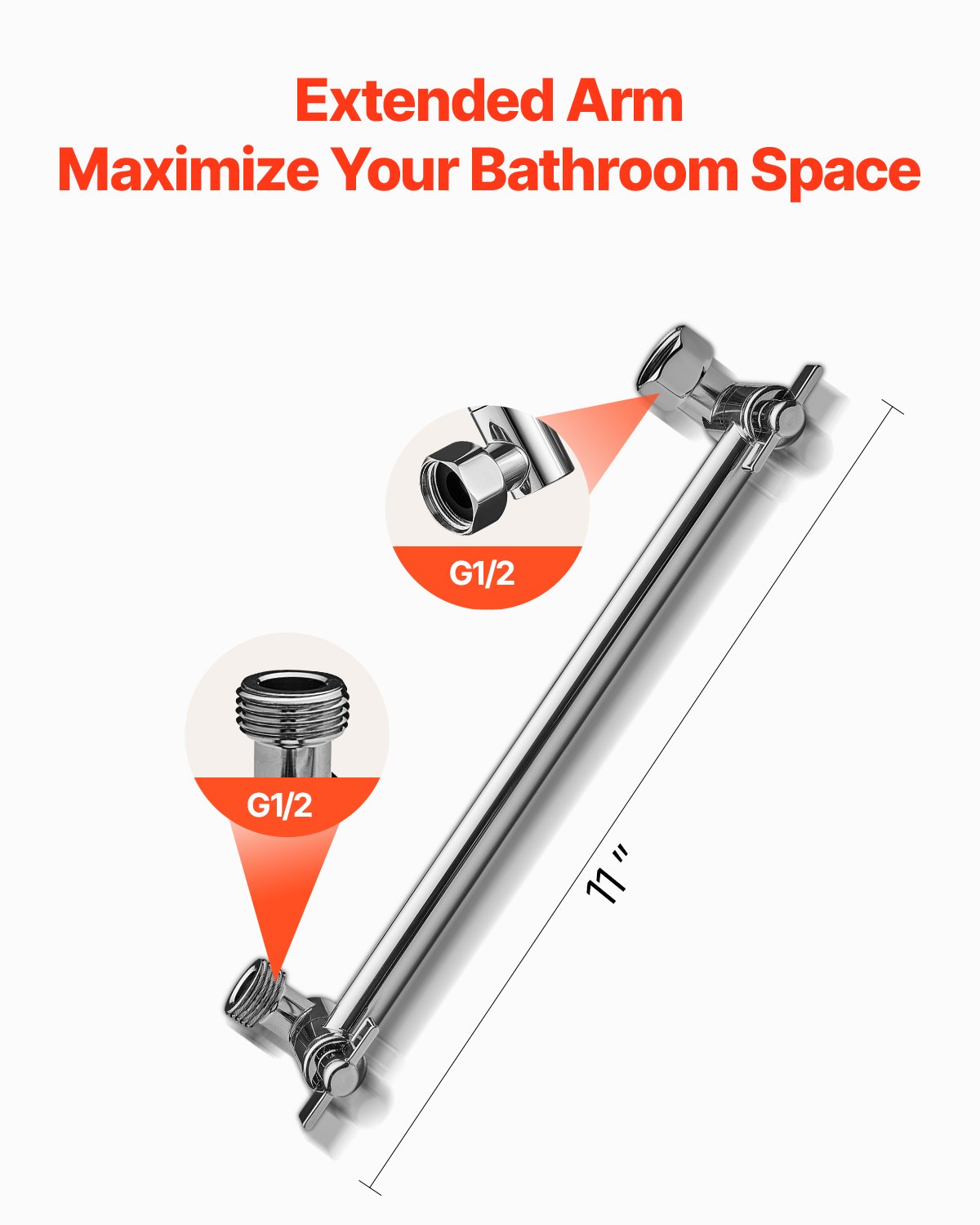 VEVOR Shower Head Extension Arm, 11 Inches, Brass Shower Arm Extender with Flexible Adjustable Angle Height, Chrome Finish, G1/2 Universal Thread Connector Compatible, for Rain & Handheld Showerhead
