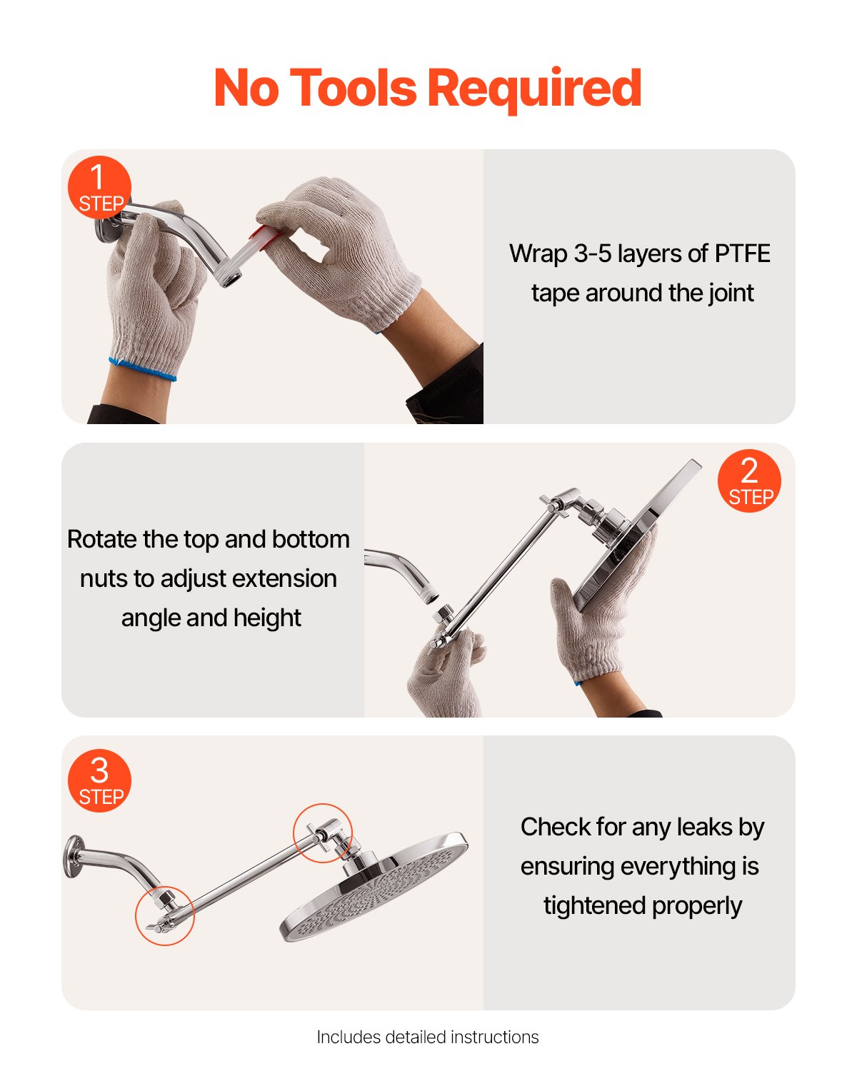 VEVOR Shower Head Extension Arm, 11 Inches, Brass Shower Arm Extender with Flexible Adjustable Angle Height, Chrome Finish, G1/2 Universal Thread Connector Compatible, for Rain & Handheld Showerhead