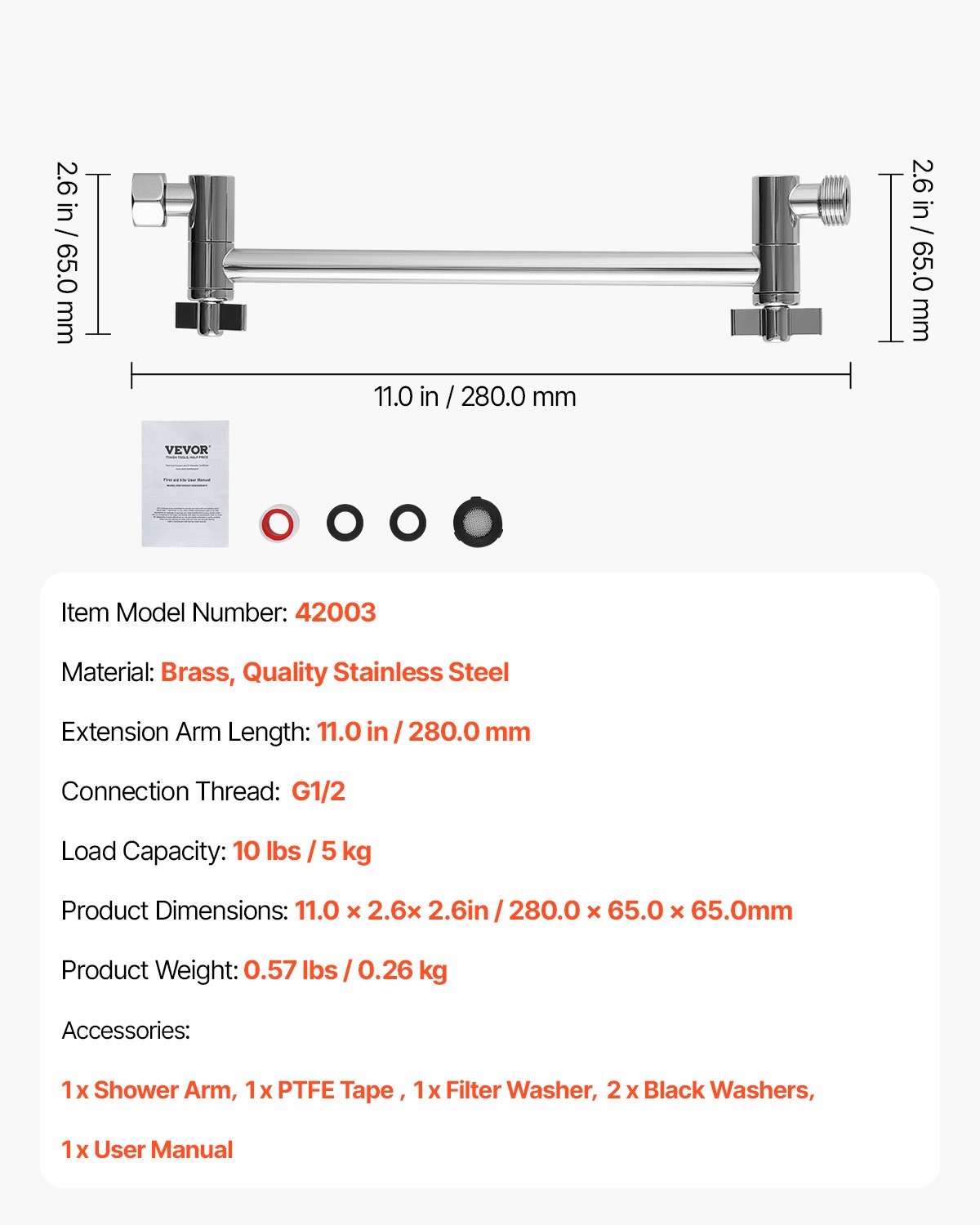 VEVOR Shower Head Extension Arm, 11 Inches, Brass Shower Arm Extender with Flexible Adjustable Angle Height, Chrome Finish, G1/2 Universal Thread Connector Compatible, for Rain & Handheld Showerhead