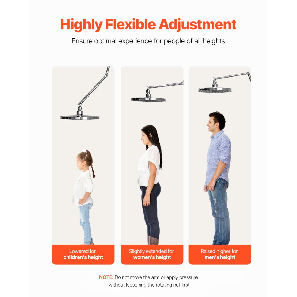 VEVOR Shower Head Extension Arm, 16 inches, Brass Shower Arm Extender with Flexible Adjustable Angle Height, Chrome Finish, G1/2 Universal Thread Connector Compatible, for Rain & Handheld Showerhead