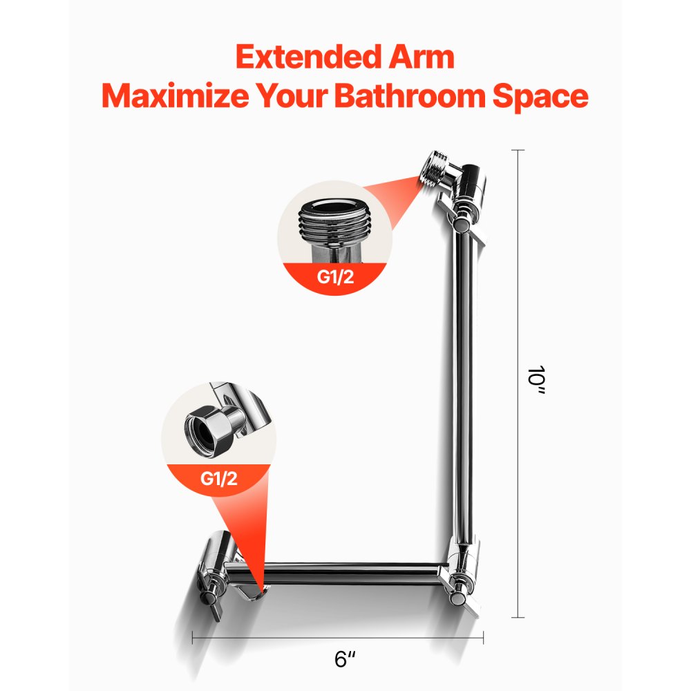 VEVOR Shower Head Extension Arm, 16 inches, Brass Shower Arm Extender with Flexible Adjustable Angle Height, Chrome Finish, G1/2 Universal Thread Connector Compatible, for Rain & Handheld Showerhead