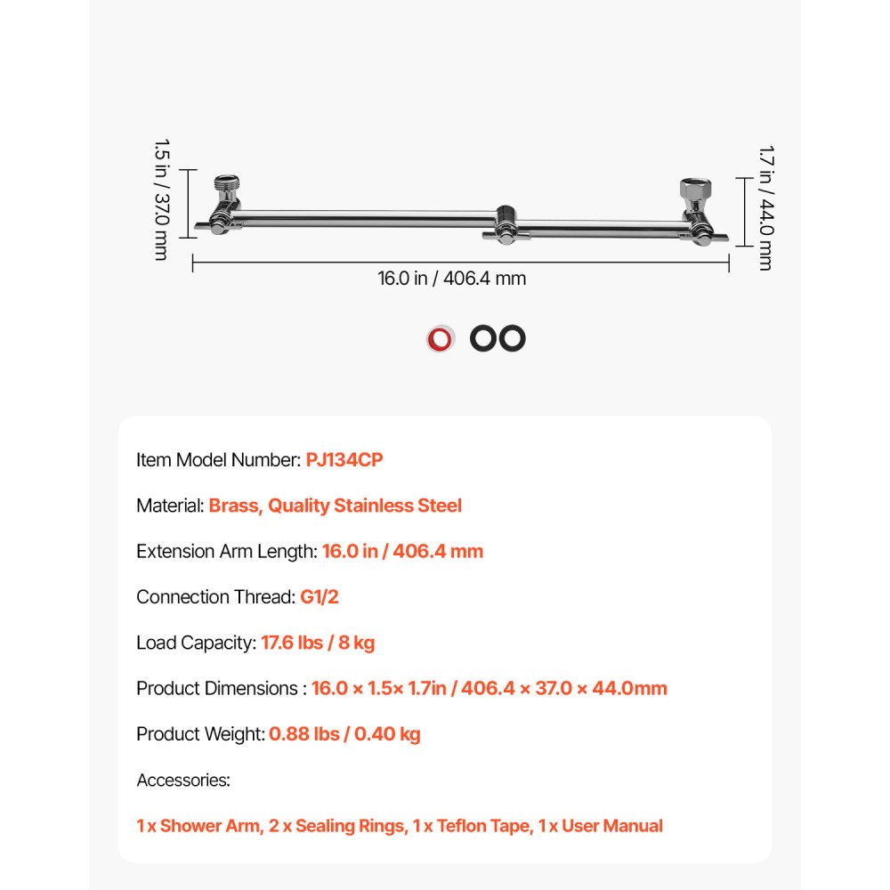 VEVOR Shower Head Extension Arm, 16 inches, Brass Shower Arm Extender with Flexible Adjustable Angle Height, Chrome Finish, G1/2 Universal Thread Connector Compatible, for Rain & Handheld Showerhead