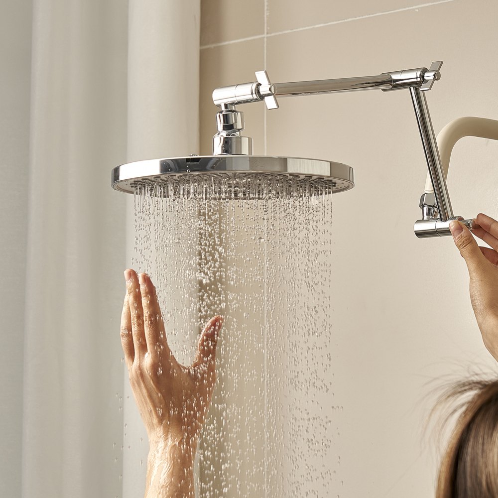 VEVOR Shower Head Extension Arm, 16 inches, Brass Shower Arm Extender with Flexible Adjustable Angle Height, Chrome Finish, G1/2 Universal Thread Connector Compatible, for Rain & Handheld Showerhead