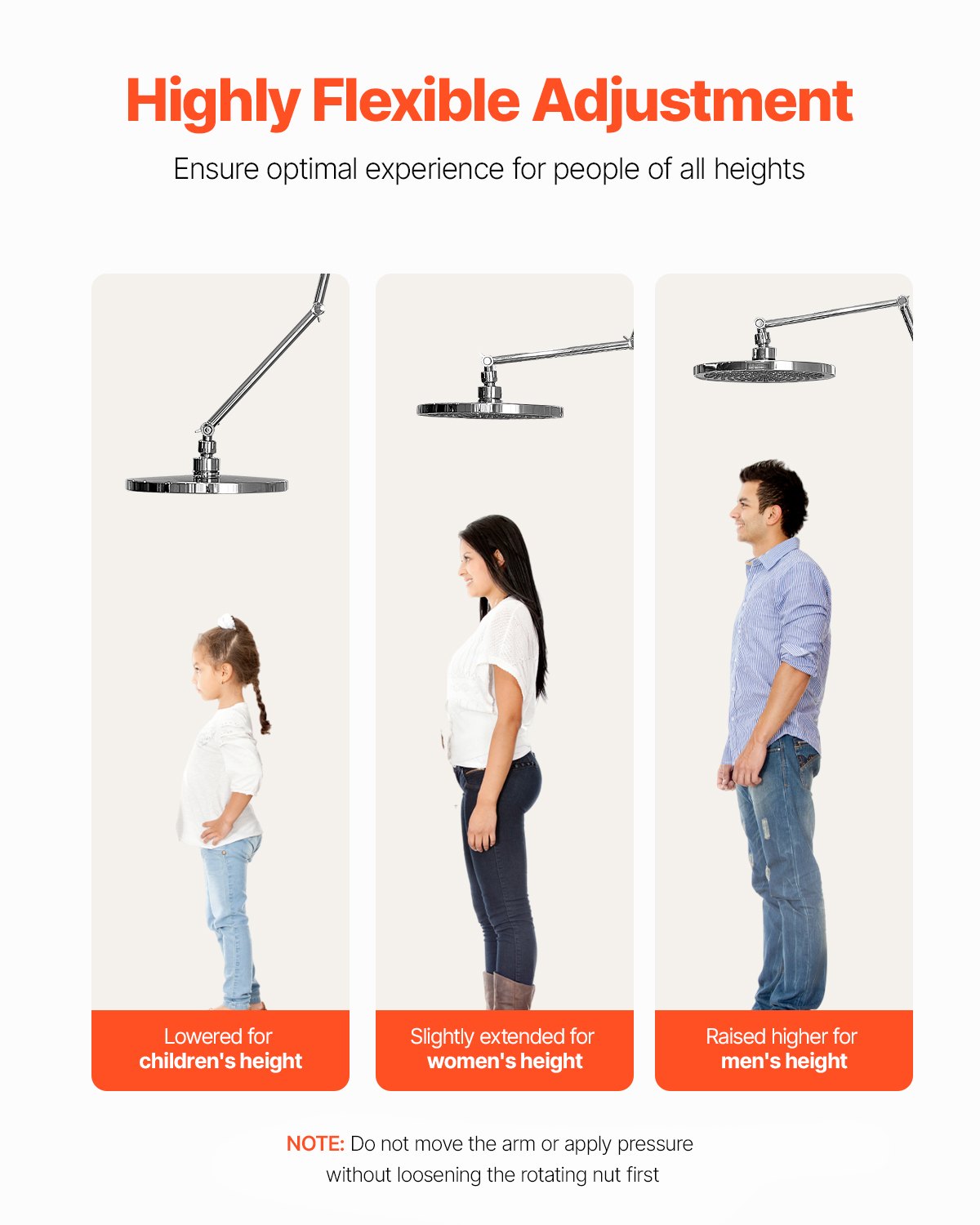 VEVOR Shower Head Extension Arm, 16 inches, Brass Shower Arm Extender with Flexible Adjustable Angle Height, Chrome Finish, G1/2 Universal Thread Connector Compatible, for Rain & Handheld Showerhead