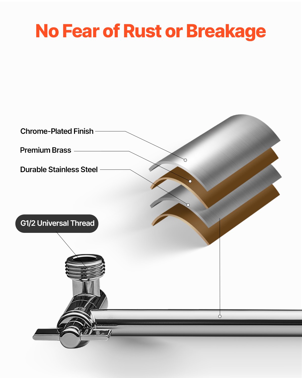 VEVOR Shower Head Extension Arm, 16 inches, Brass Shower Arm Extender with Flexible Adjustable Angle Height, Chrome Finish, G1/2 Universal Thread Connector Compatible, for Rain & Handheld Showerhead