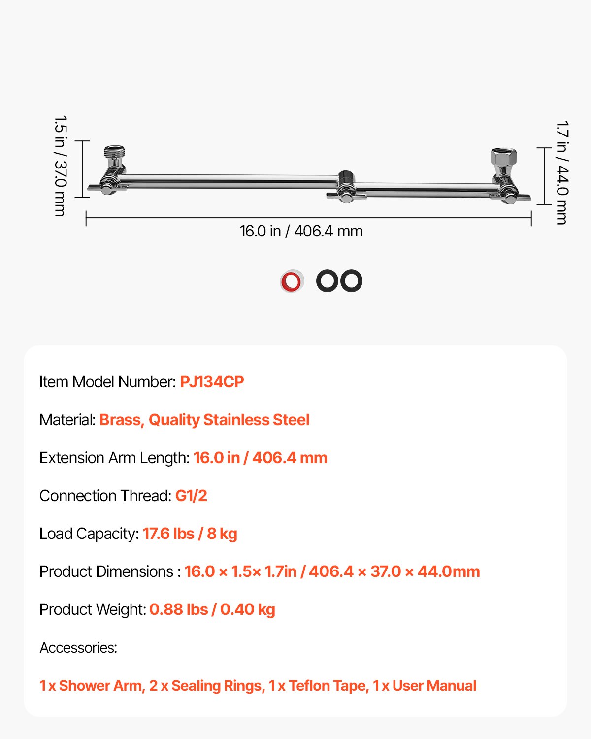 VEVOR Shower Head Extension Arm, 16 inches, Brass Shower Arm Extender with Flexible Adjustable Angle Height, Chrome Finish, G1/2 Universal Thread Connector Compatible, for Rain & Handheld Showerhead