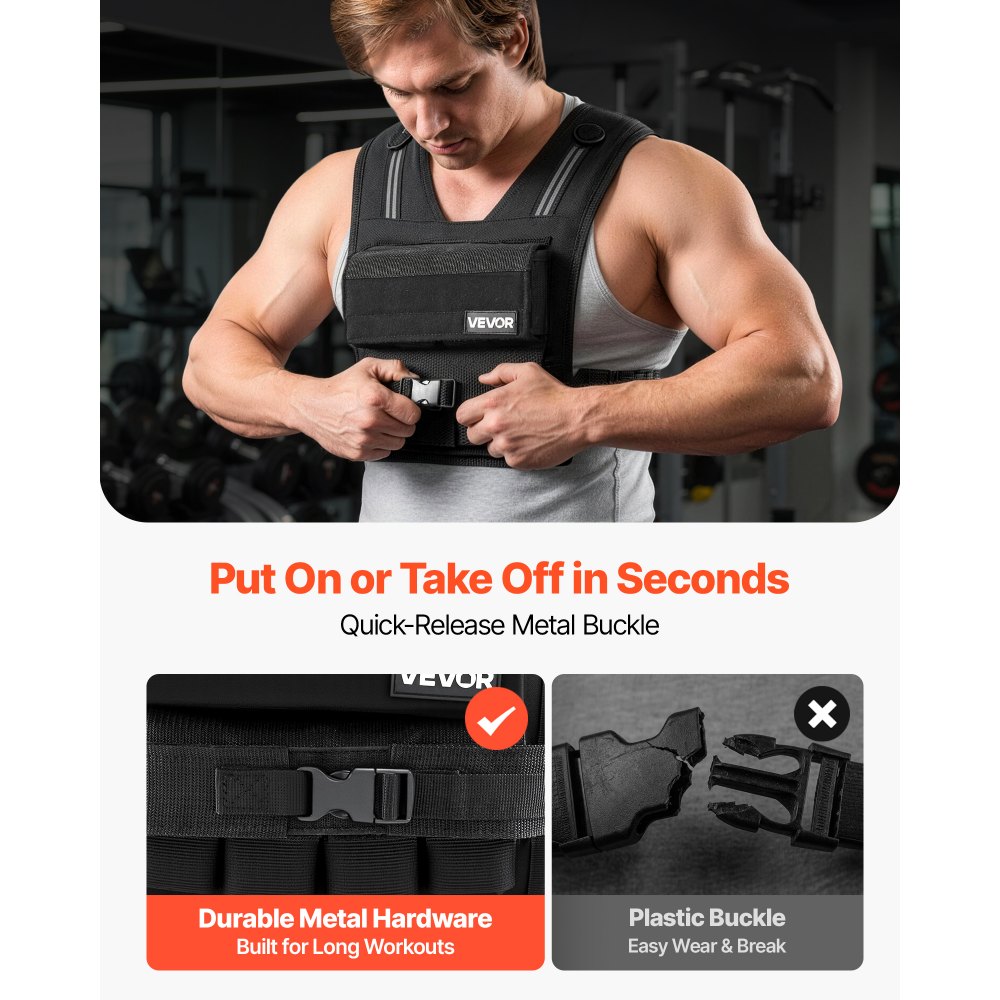 VEVOR Adjustable Weighted Vest, Body Weight Vest with Iron Weights, Shoulder Pad, and Reflective Stripe, Exercise Set for Men Women, Heavy-Duty Workout Equipment for Strength Training Running