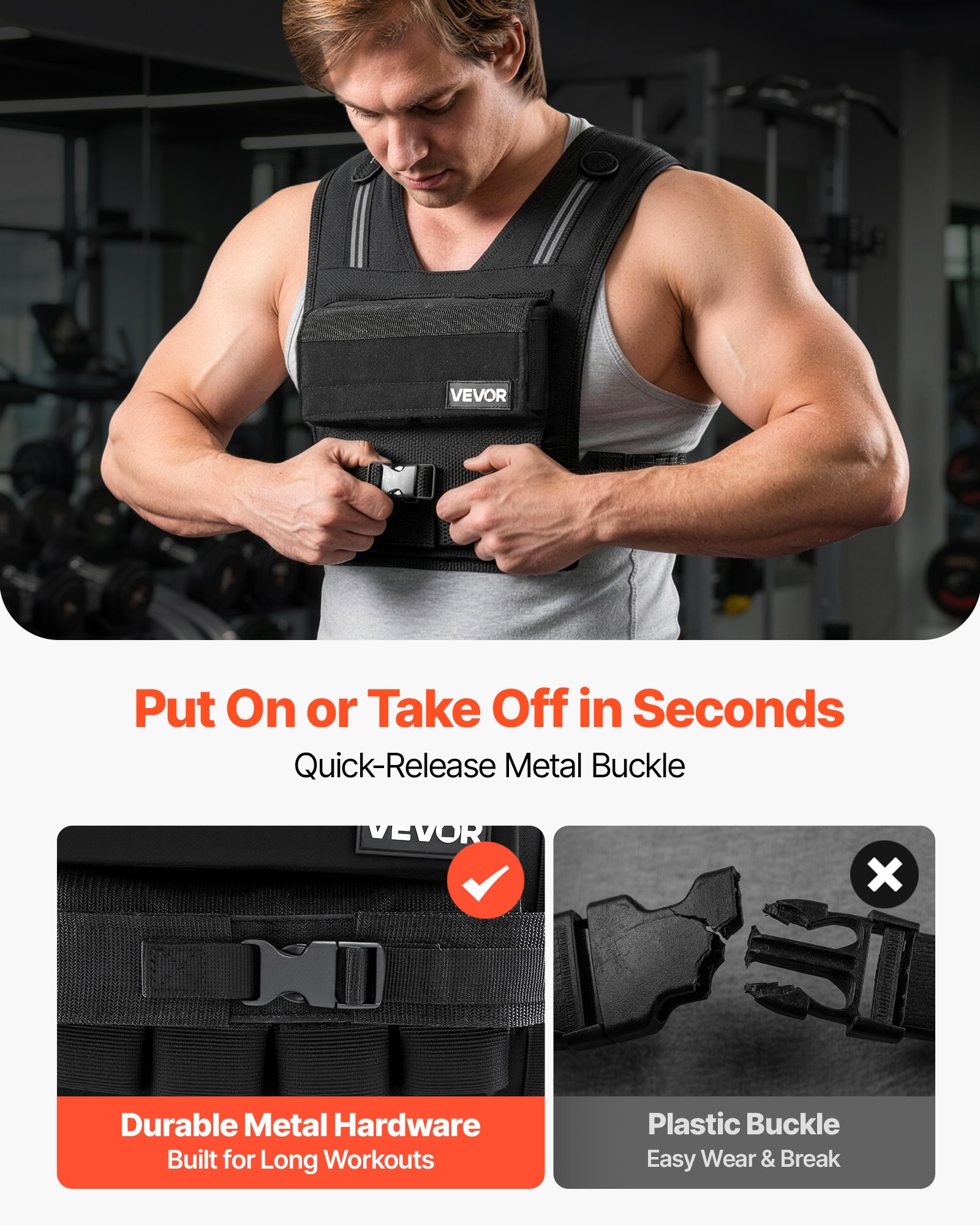 VEVOR Adjustable Weighted Vest, Body Weight Vest with Iron Weights, Shoulder Pad, and Reflective Stripe, Exercise Set for Men Women, Heavy-Duty Workout Equipment for Strength Training Running