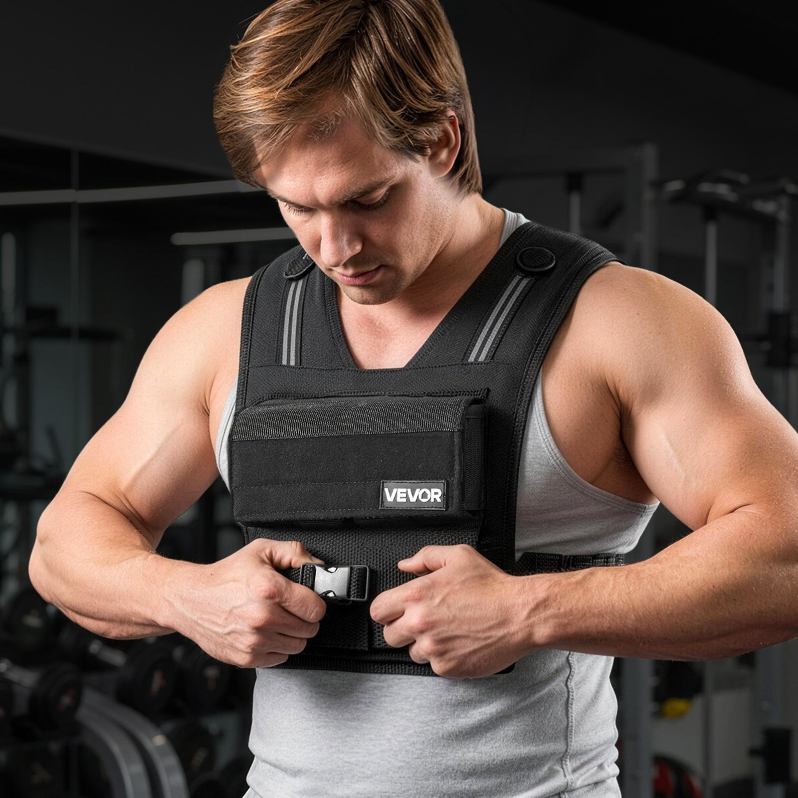 VEVOR Adjustable Weighted Vest, Body Weight Vest with Iron Weights, Shoulder Pad, and Reflective Stripe, Exercise Set for Men Women, Heavy-Duty Workout Equipment for Strength Training Running