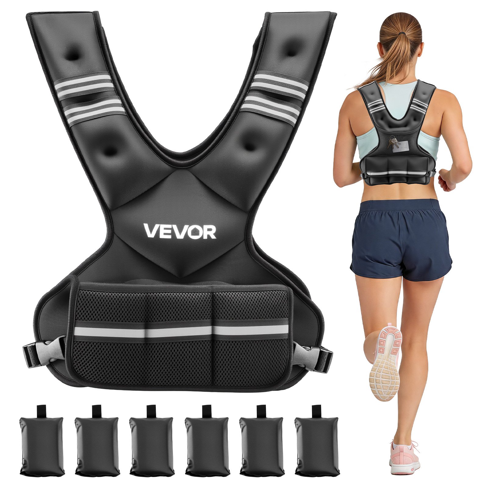 VEVOR Adjustable Weighted Vest, 14.5 kg Comfortable X-Shape Body Weight Vest Set with 6 Weight Packs and Reflective Stripe, for Men Women, Workout Equipment for Strength Training Running Jogging