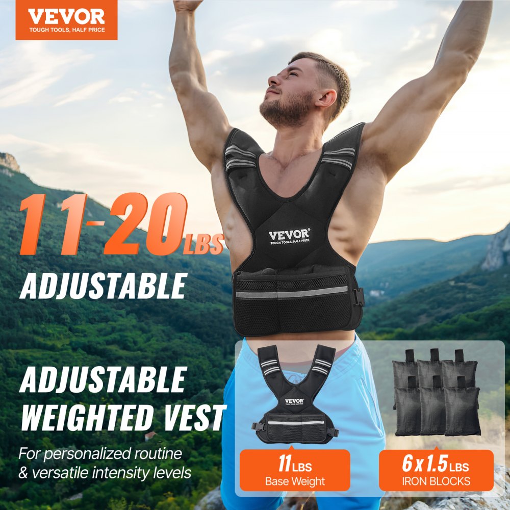 VEVOR Adjustable Weighted Vest, 11-20lb Weight Vest with 6 Ironsand Weights and  Reflective Stripe, Body Weight Vest Exercise Set for Men Women, Workout Equipment for Strength Training Running Jogging