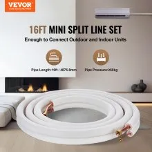 VEVOR 4876.8mm Mini Split Line Set, 6.4 & 12.7mm O.D Copper Pipes Tubing and Triple-Layer Insulation, for Air Conditioning or Heating Pump Equipment & HVAC with Rich Accessories (18ft Connection Cable