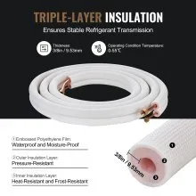 VEVOR 4876.8mm Mini Split Line Set, 6.4 & 12.7mm O.D Copper Pipes Tubing and Triple-Layer Insulation, for Air Conditioning or Heating Pump Equipment & HVAC with Rich Accessories (18ft Connection Cable