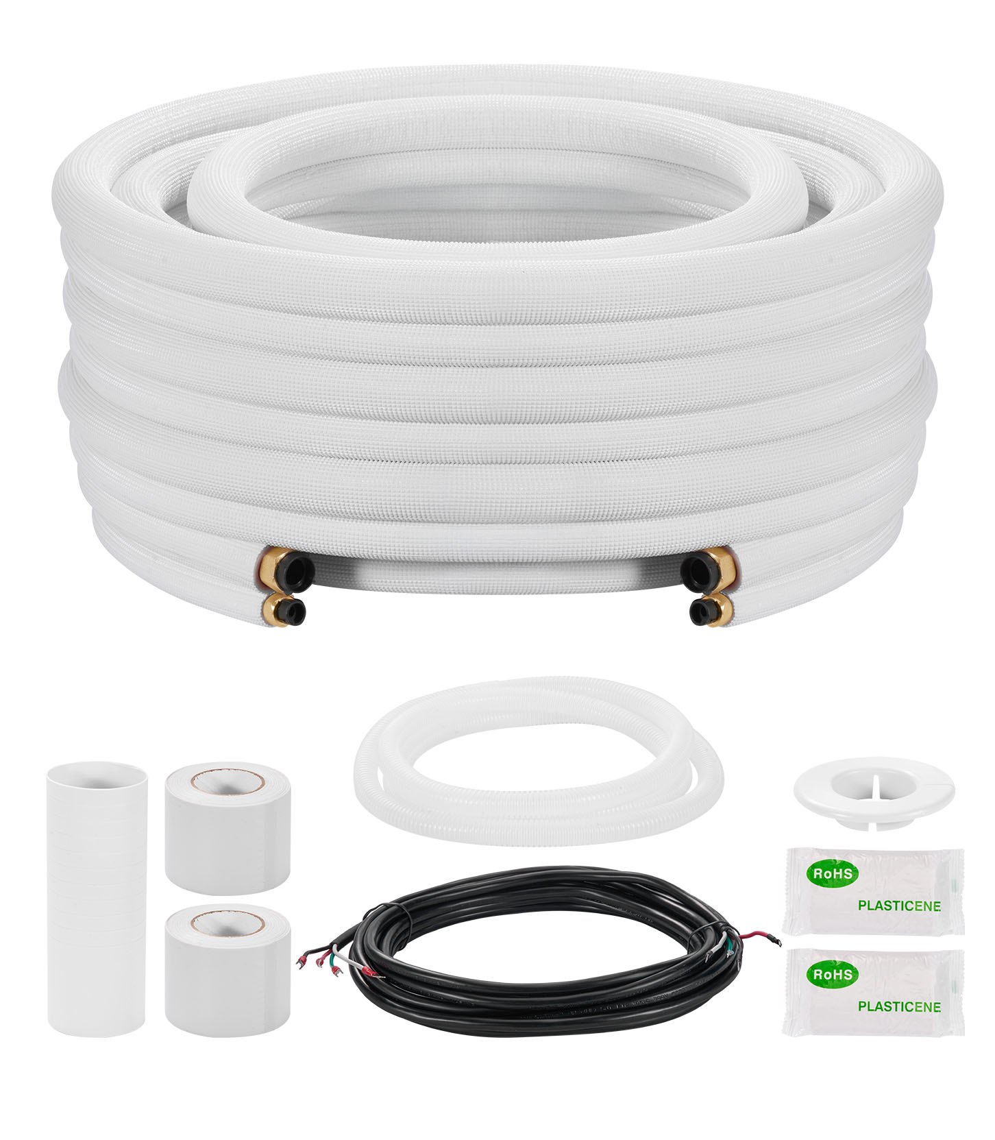 Conjunto de tubulação VEVOR de 7,6 m para mini split, com tubos de cobre AC de 9,5 e 15,9 mm de diâmetro externo, serpentina isolada espessa de PE branco de 3/8" com porcas flangeadas, conexões Rich, para sistemas de ar condicionado mini split, HVAC ou bomba de calor.