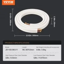 VEVOR 4876.8mm Mini Split Line Set, 9.5 & 15.9mm O.D Copper Pipes Tubing and Triple-Layer Insulation, for Air Conditioning or Heating Pump Equipment & HVAC with Rich Accessories (18ft Connection Cable