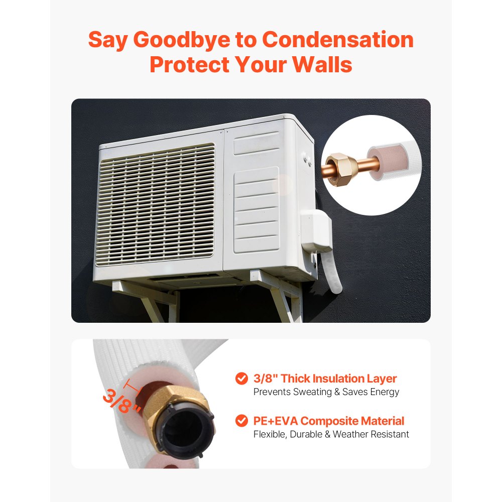 VEVOR 50ft Mini Split Line Set, 1/4” & 3/8” OD AC Copper Tubing Pipe, 3/8 White PE Thickened Insulated Coil with Flared Nuts, Rich Fittings, for Mini Split Air Conditioner HVAC or Heat Pump System