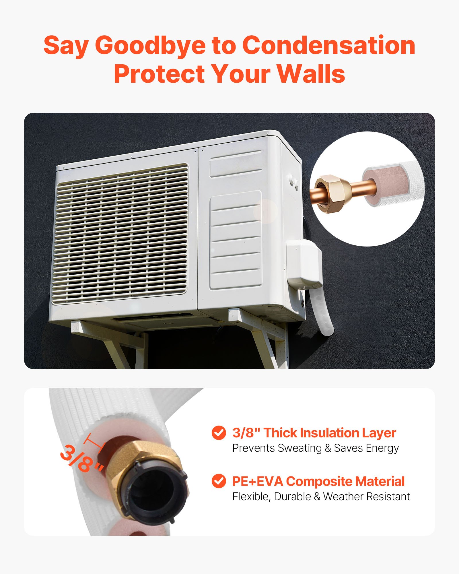 VEVOR 50ft Mini Split Line Set, 1/4” & 3/8” OD AC Copper Tubing Pipe, 3/8 White PE Thickened Insulated Coil with Flared Nuts, Rich Fittings, for Mini Split Air Conditioner HVAC or Heat Pump System