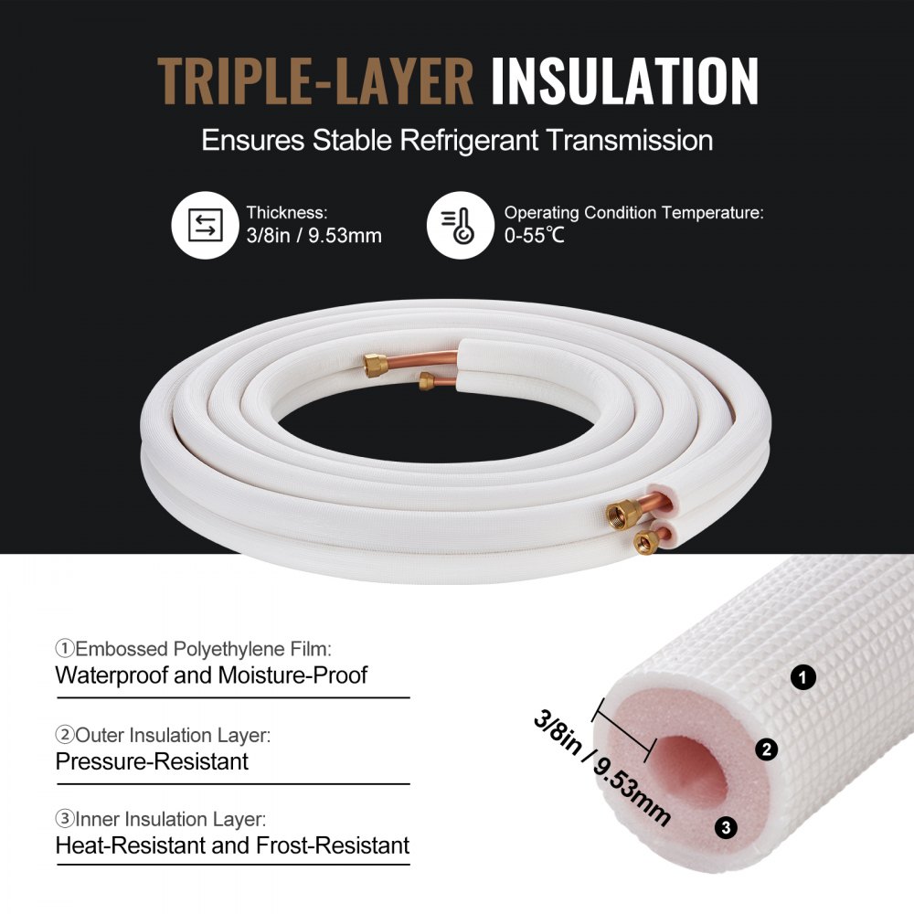 VEVOR 7620mm Mini Split Line Set, 9.5 & 15.9mm O.D Copper Pipes Tubing and Triple-Layer Insulation, for Mini Split Air Conditioning Refrigerant or Heating Pump Equipment & HVAC with Wrapping Strips.