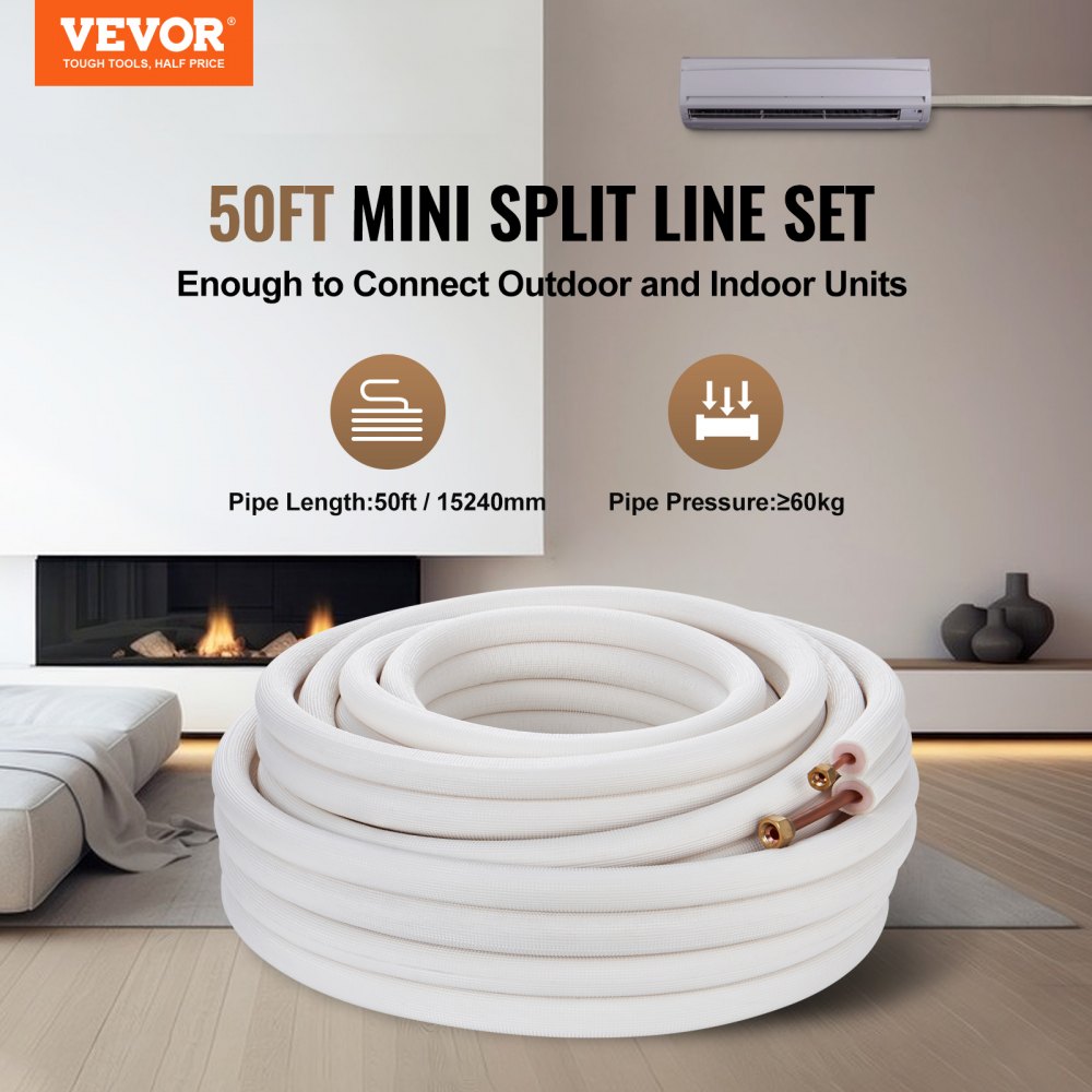 VEVOR 15240mm Mini Split Line Set, 6.4 & 9.5mm O.D Copper Pipes Tubing and Triple-Layer Insulation, for Mini Split Air Conditioning Refrigerant or Heating Pump Equipment & HVAC with Wrapping Strips.
