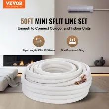 VEVOR 15240mm Mini Split Line Set, 6.4 & 9.5mm O.D Copper Pipes Tubing and Triple-Layer Insulation, for Mini Split Air Conditioning Refrigerant or Heating Pump Equipment & HVAC with Wrapping Strips.
