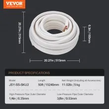 VEVOR 15240mm Mini Split Line Set, 6.4 & 9.5mm O.D Copper Pipes Tubing and Triple-Layer Insulation, for Mini Split Air Conditioning Refrigerant or Heating Pump Equipment & HVAC with Wrapping Strips.
