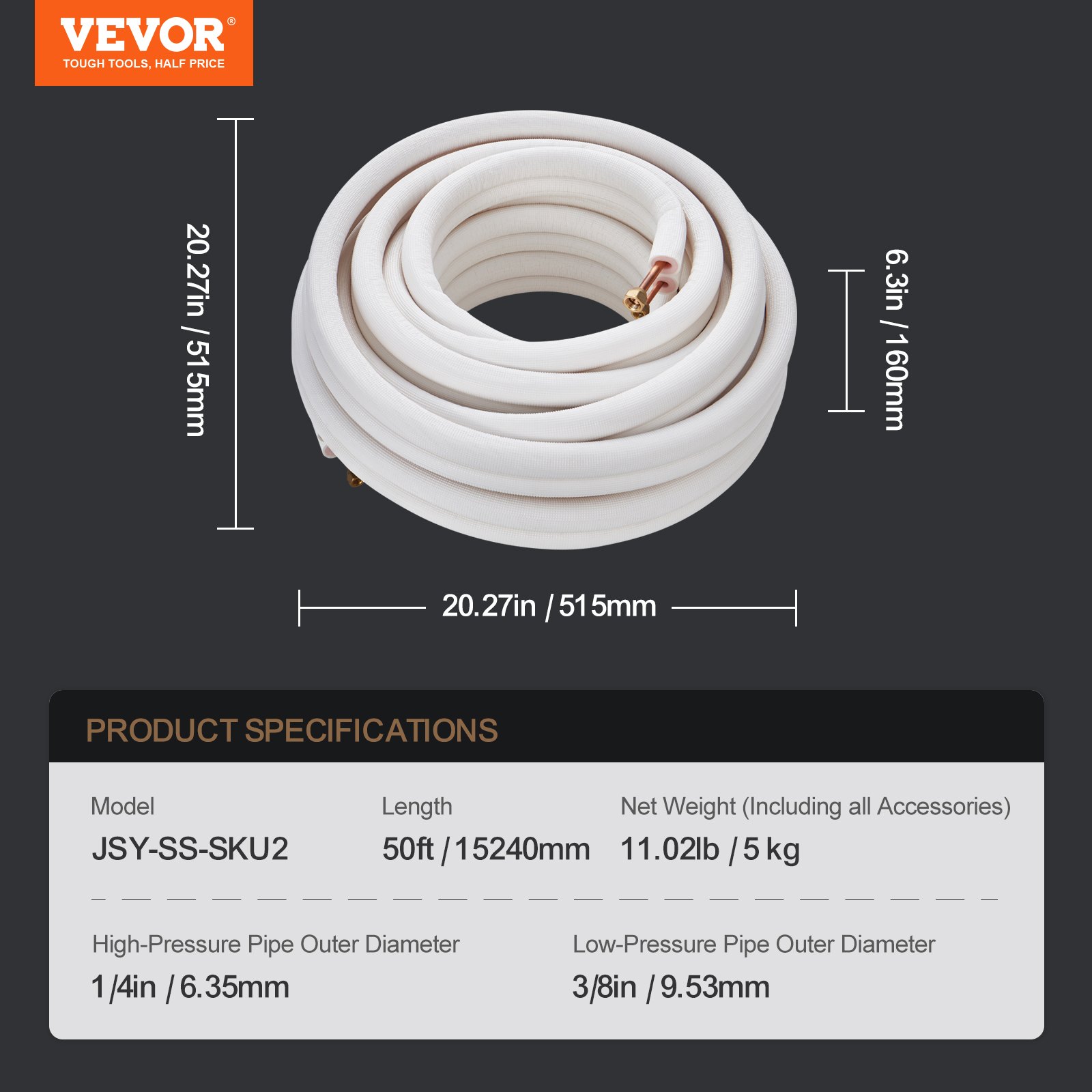 VEVOR 15240mm Mini Split Line Set, 6.4 & 9.5mm O.D Copper Pipes Tubing and Triple-Layer Insulation, for Mini Split Air Conditioning Refrigerant or Heating Pump Equipment & HVAC with Wrapping Strips.