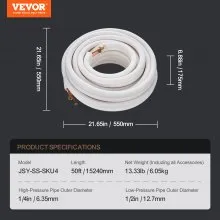 VEVOR 15240mm Mini Split Line Set, 6.4 & 12.7mm O.D Copper Pipes Tubing and Triple-Layer Insulation, for Mini Split Air Conditioning Refrigerant or Heating Pump Equipment & HVAC with Wrapping Strips.