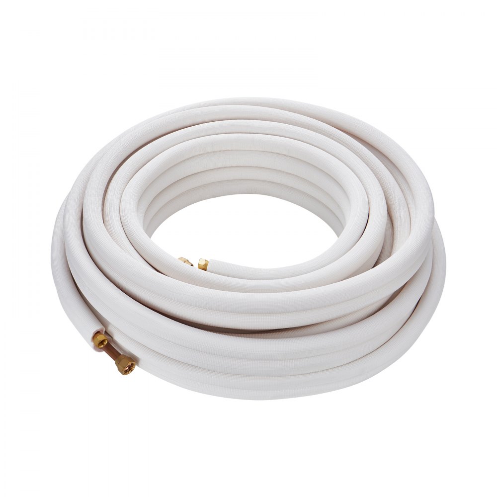 coiled VEVOR mini split line set with white insulation and brass fittings.