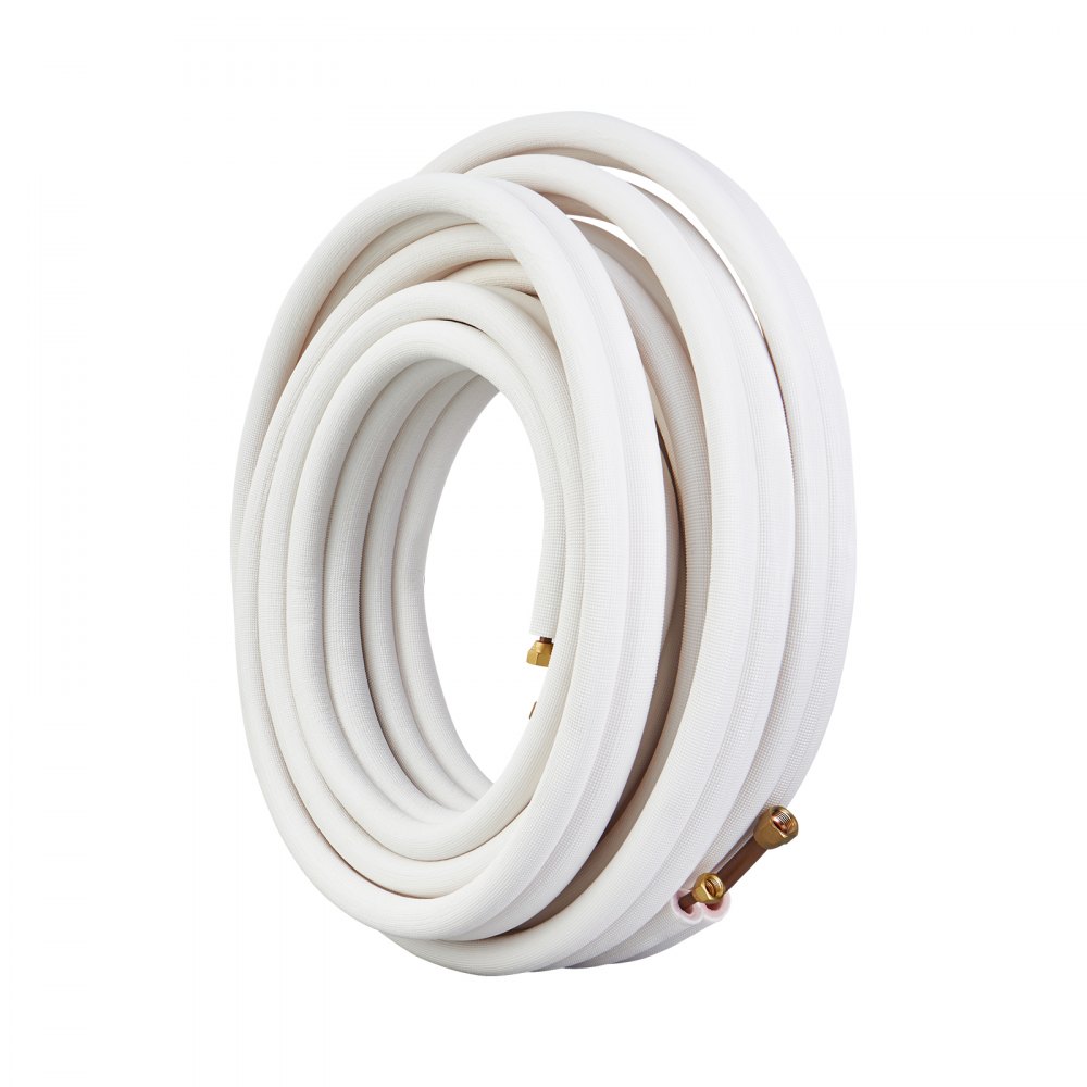 coiled white VEVOR mini split line set with copper fittings against a white background.